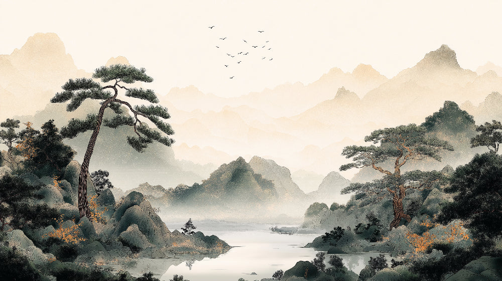 Mountain landscape design file with misty pine trees and tranquil lake pattern