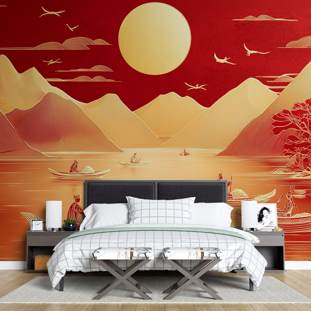 Asian landscape mural displayed in a modern living room, golden mountains reflecting on calm waters create depth and warmth