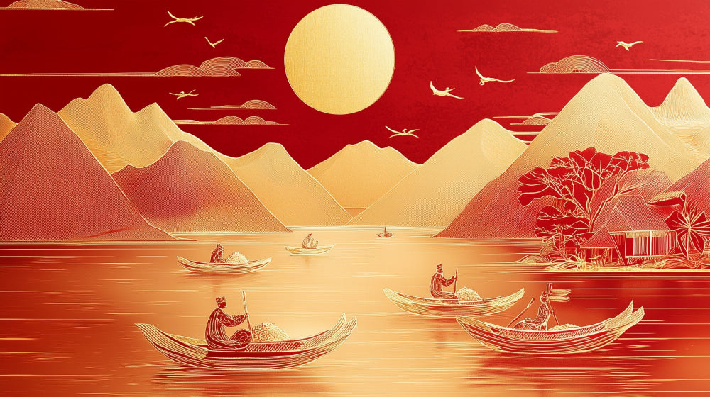 Japanese mountain lake design file with golden peaks and red sky, showcasing the refined pattern details