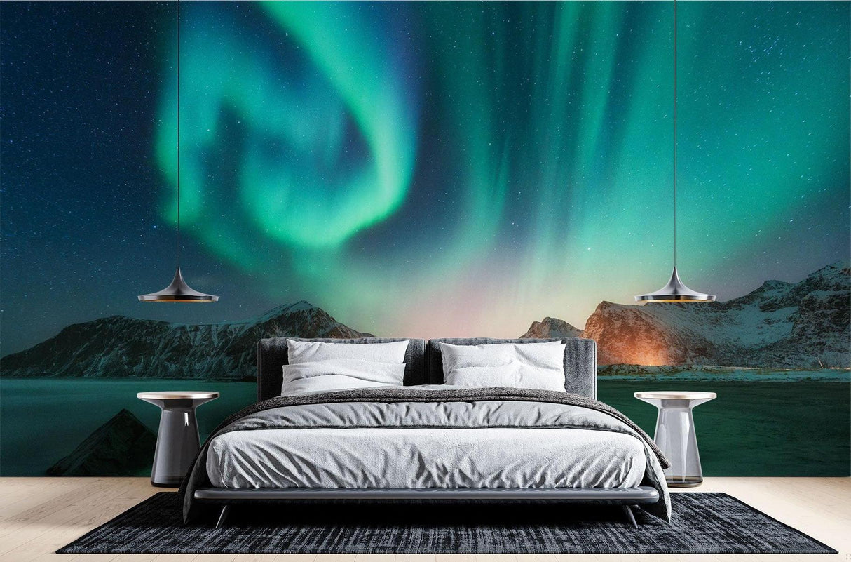 Northern Lights wallpaper in modern bedroom, Aurora Borealis mural creating a magical atmosphere