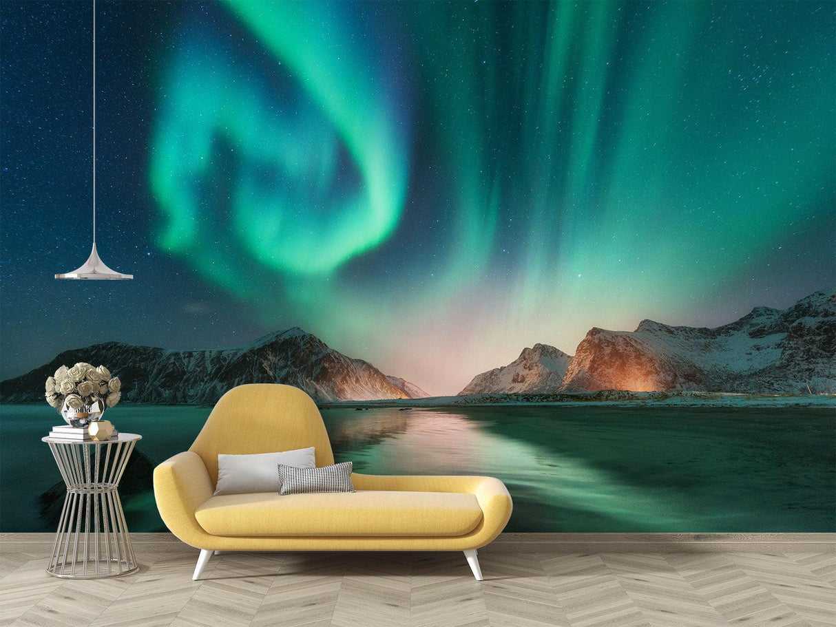 Aurora Borealis wall mural in cozy living room setting with mountain lake view