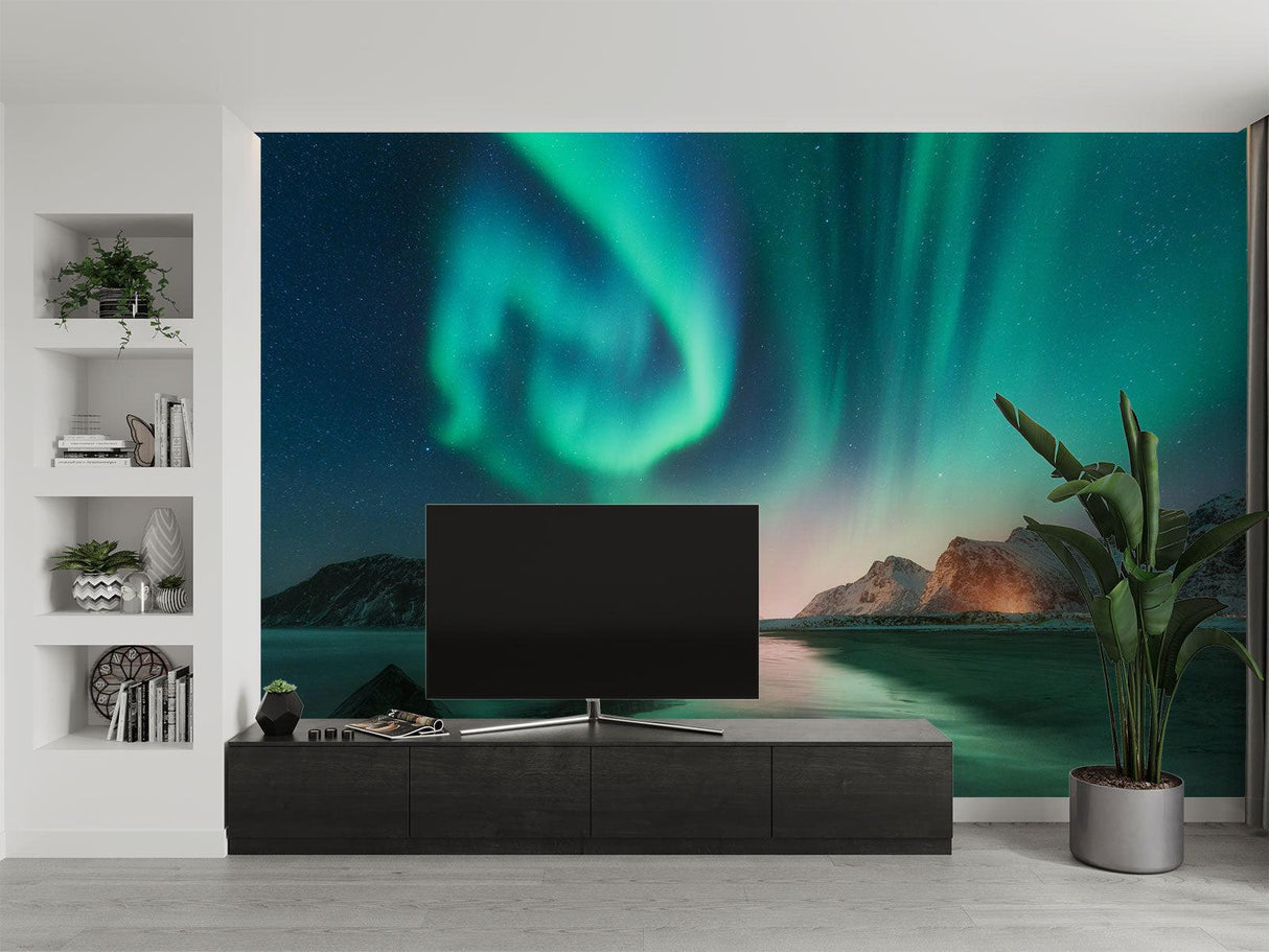 Northern Lights mountain scene wallpaper in home office space