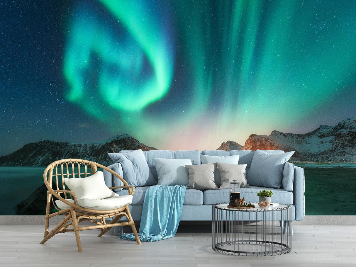 Aurora wall mural in meditation room showing night sky and mountains