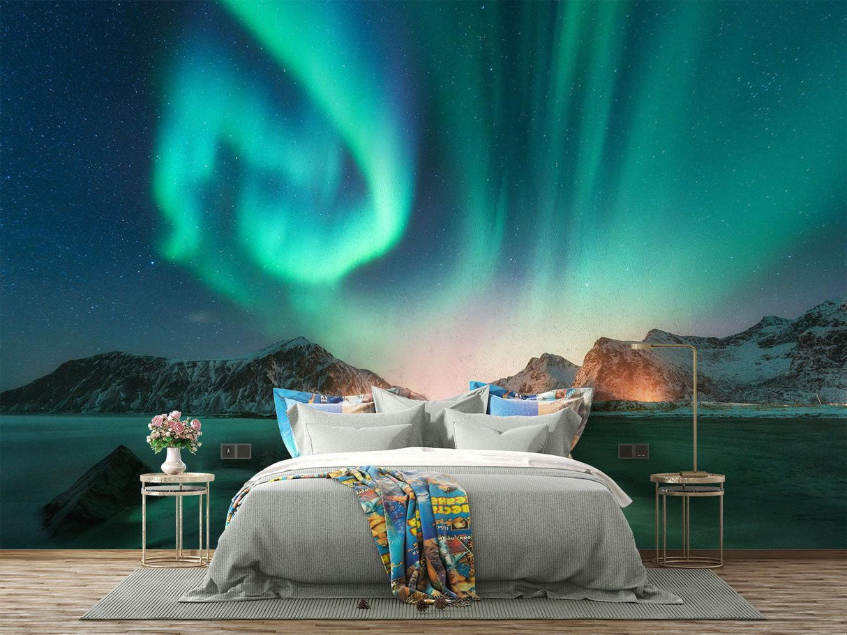 Mountain lake Aurora Borealis wallpaper in hotel lobby