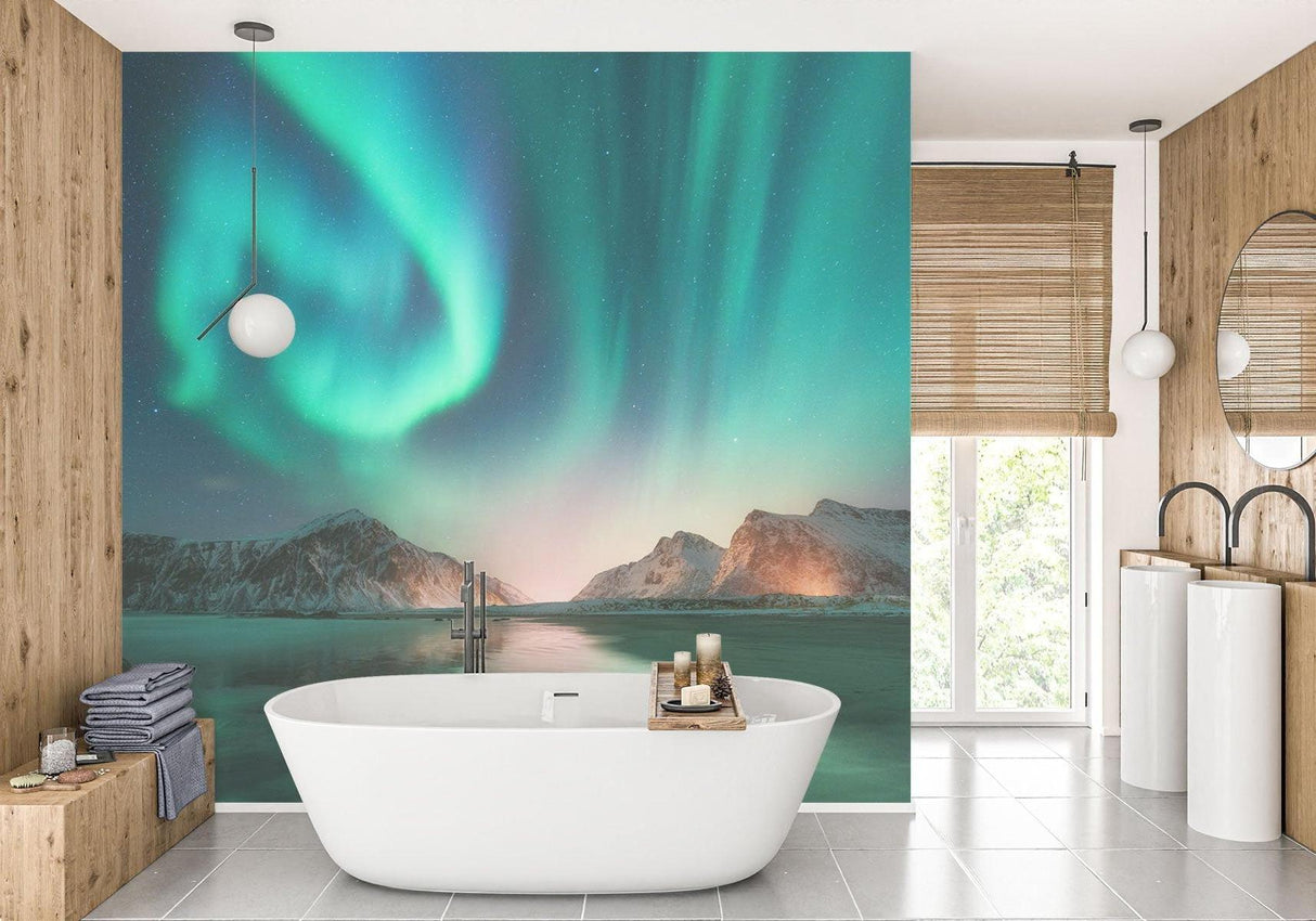 Northern Lights over mountains mural in restaurant setting