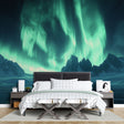 Aurora Borealis wallpaper mural creating a stunning focal point in a modern living room with soft ambient lighting