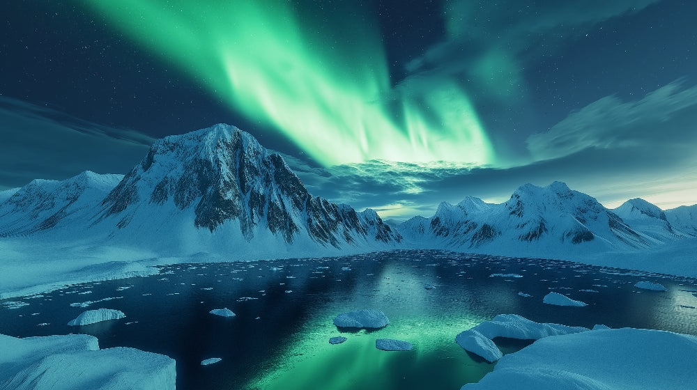 Aurora borealis wallpaper design file showing detailed mountain lake scene with dancing northern lights