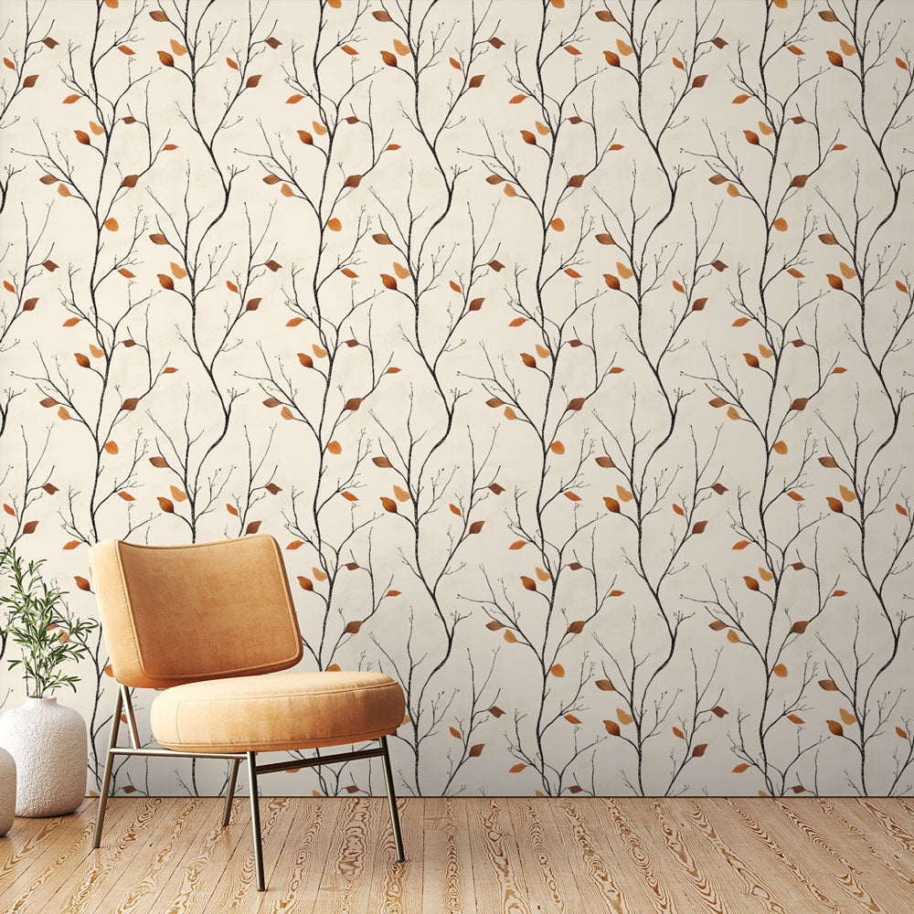 Autumn branch wallpaper creating depth in a modern living room, warm terracotta leaves adding natural charm to the space
