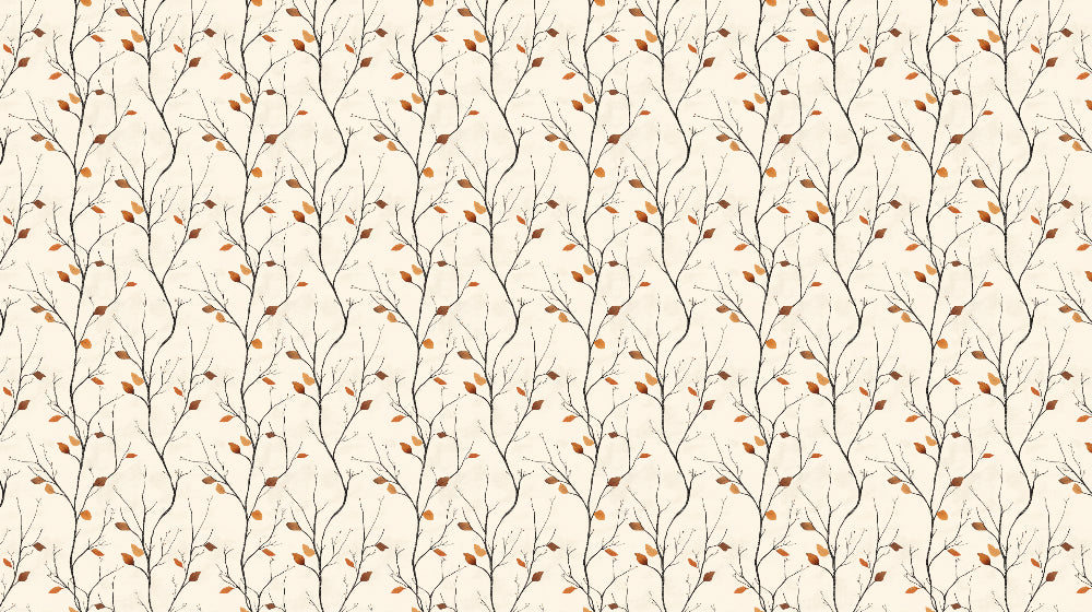 Autumn branches wallpaper design file showing delicate black twigs with terracotta leaves on ivory background