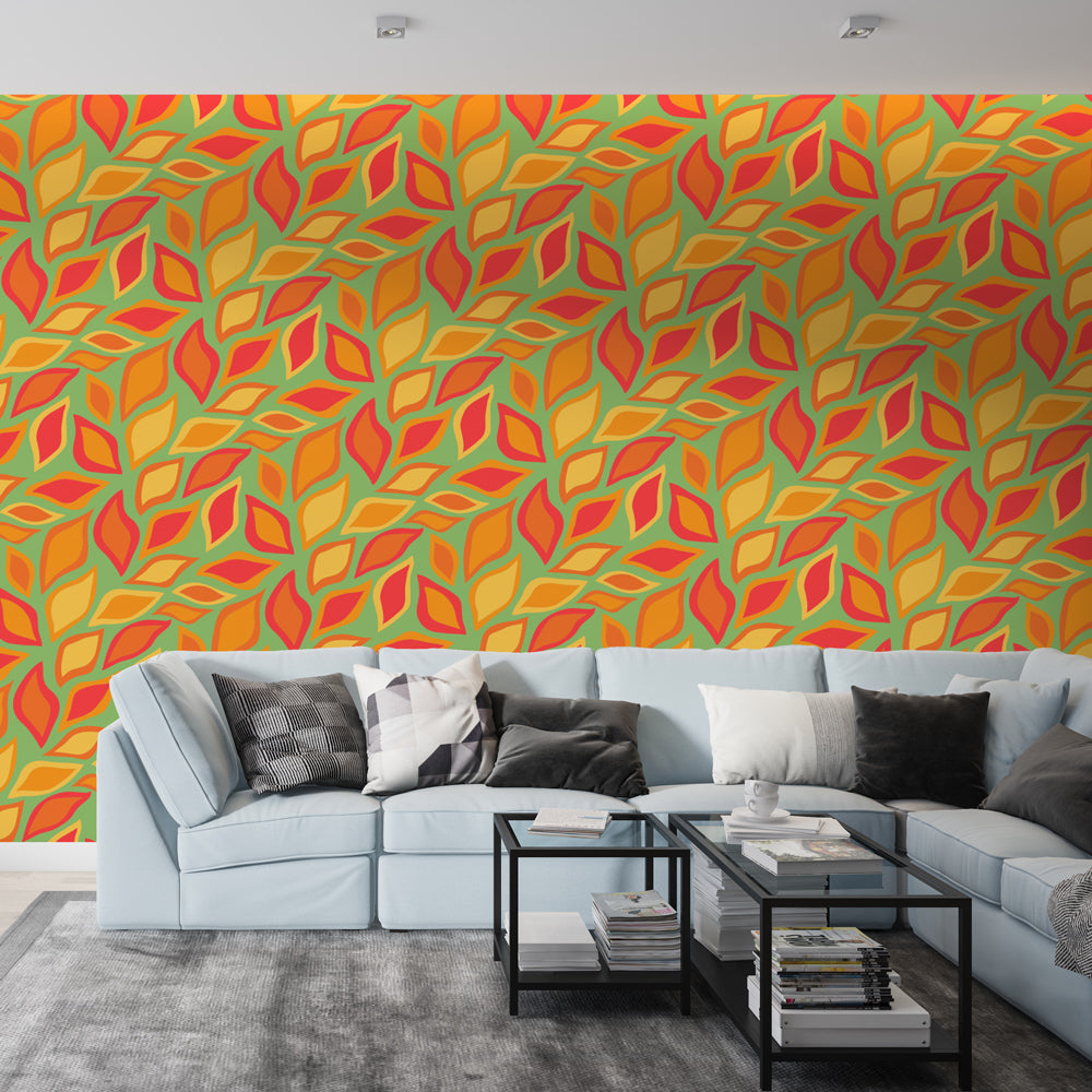 Autumn foliage wallpaper creating a cozy atmosphere in a modern living room with natural light highlighting the warm leaf patterns