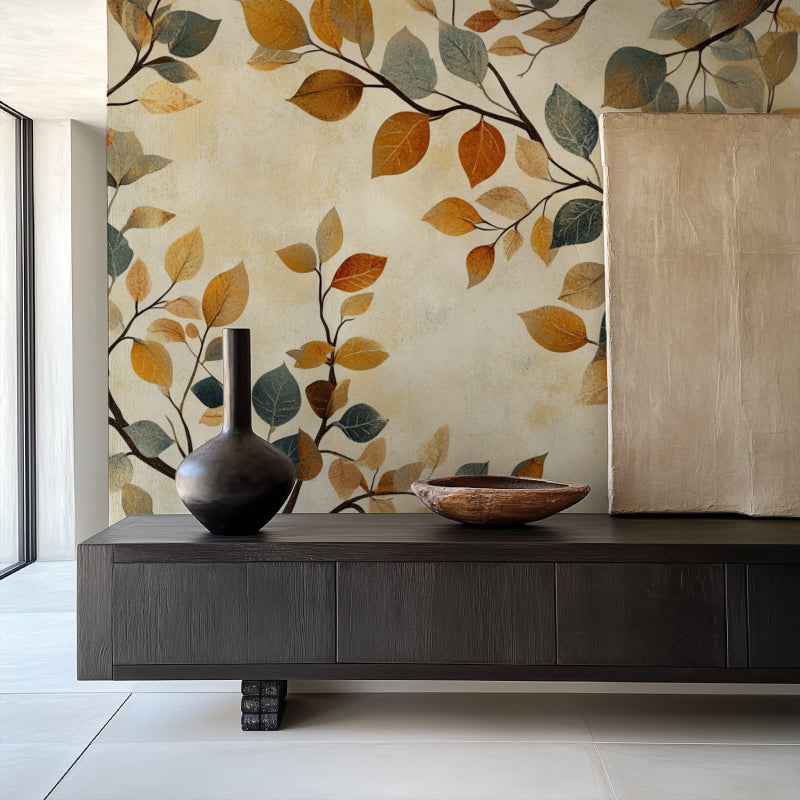 Autumn leaves wallpaper creating a cozy atmosphere in a modern living room with natural light