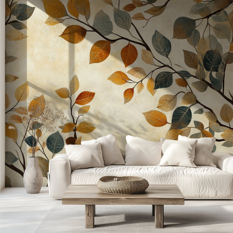 Elegant autumn leaves wallpaper in a master bedroom setting