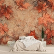 Terracotta leaf wallpaper in modern living room with natural light highlighting the marble texture