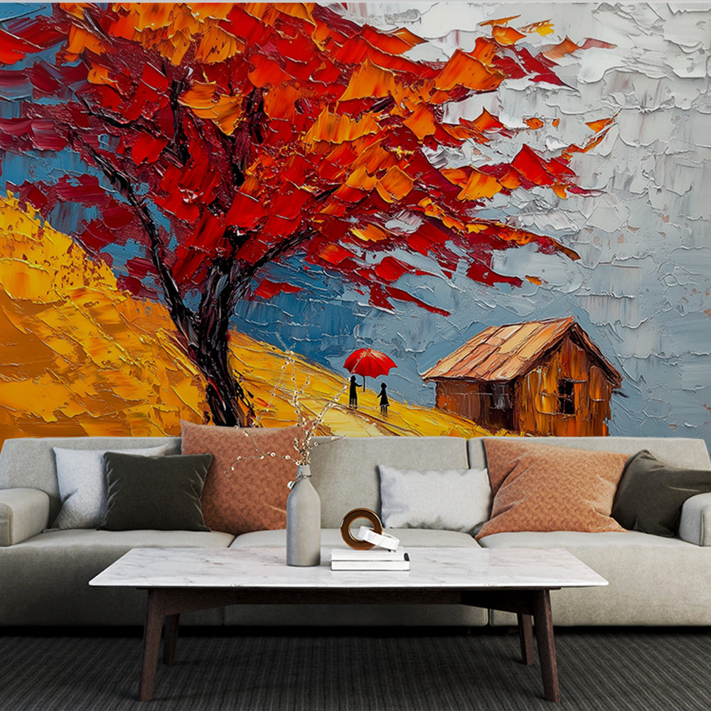 Autumn landscape wallpaper creating a cozy atmosphere in a modern living room with natural light highlighting the textured oil painting effect