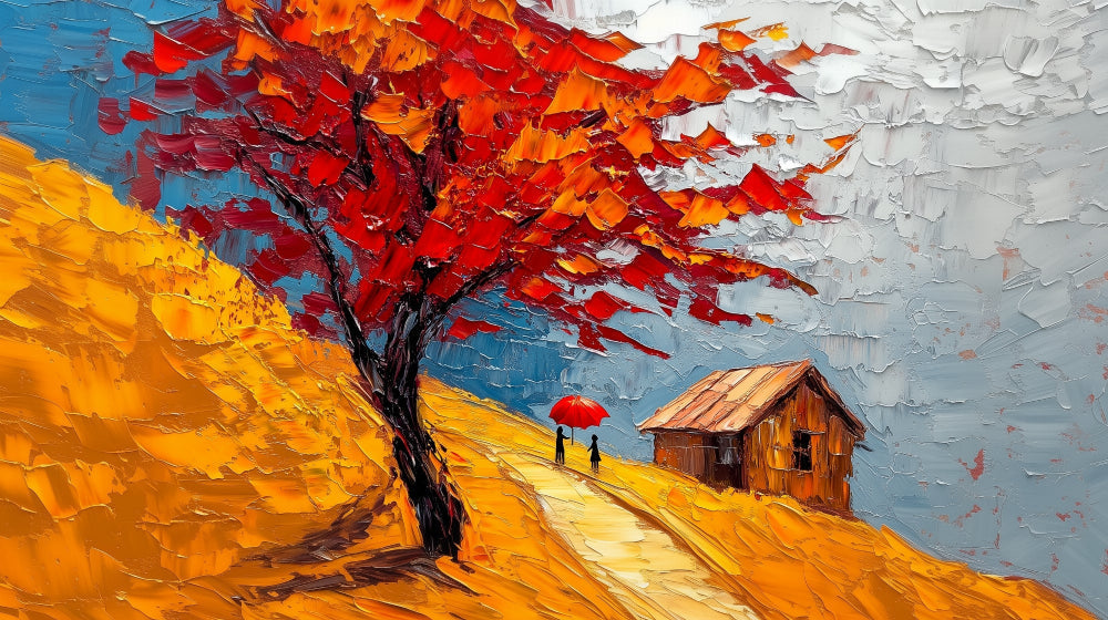 Autumn landscape design file showing detailed oil painting texture and rich fall colors