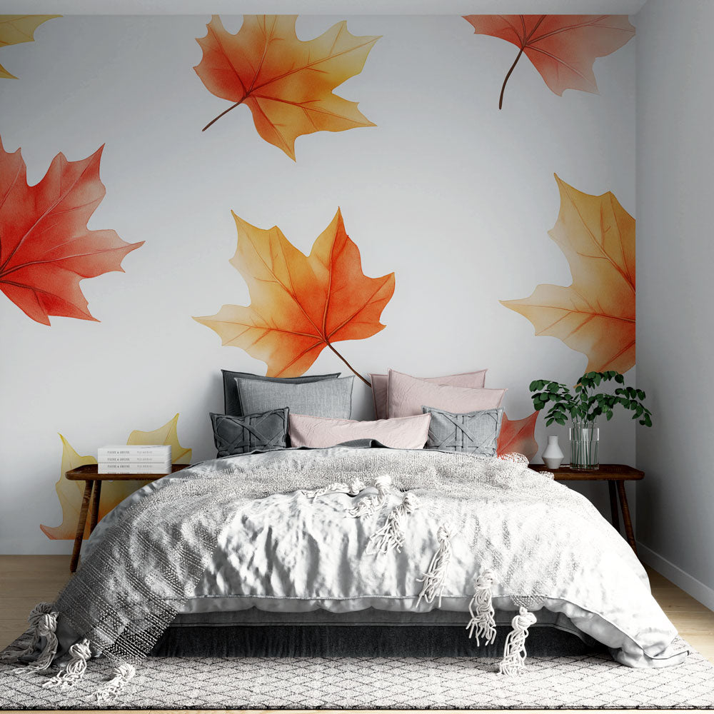 Maple leaf wallpaper mural creating a cozy atmosphere in a modern living room with natural light
