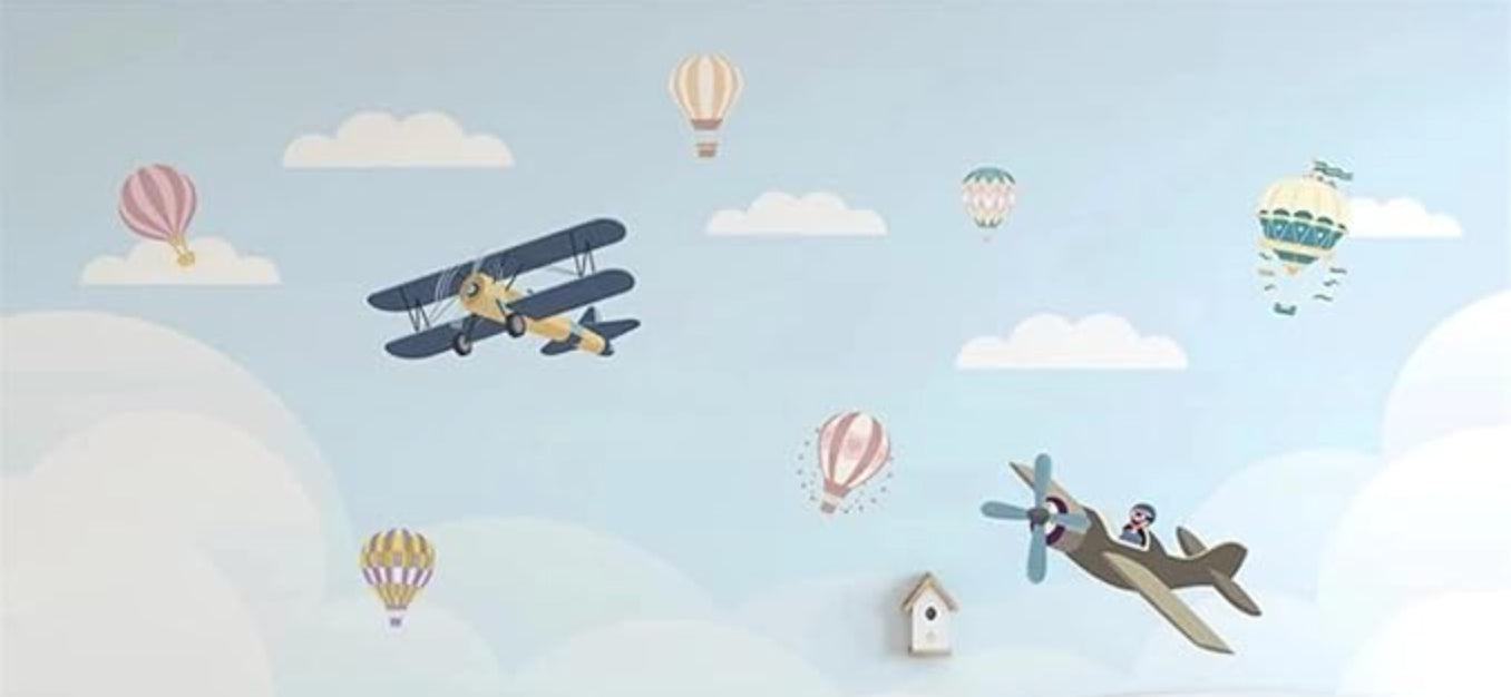 Hot air balloons and vintage airplane design file with soft blue sky pattern
