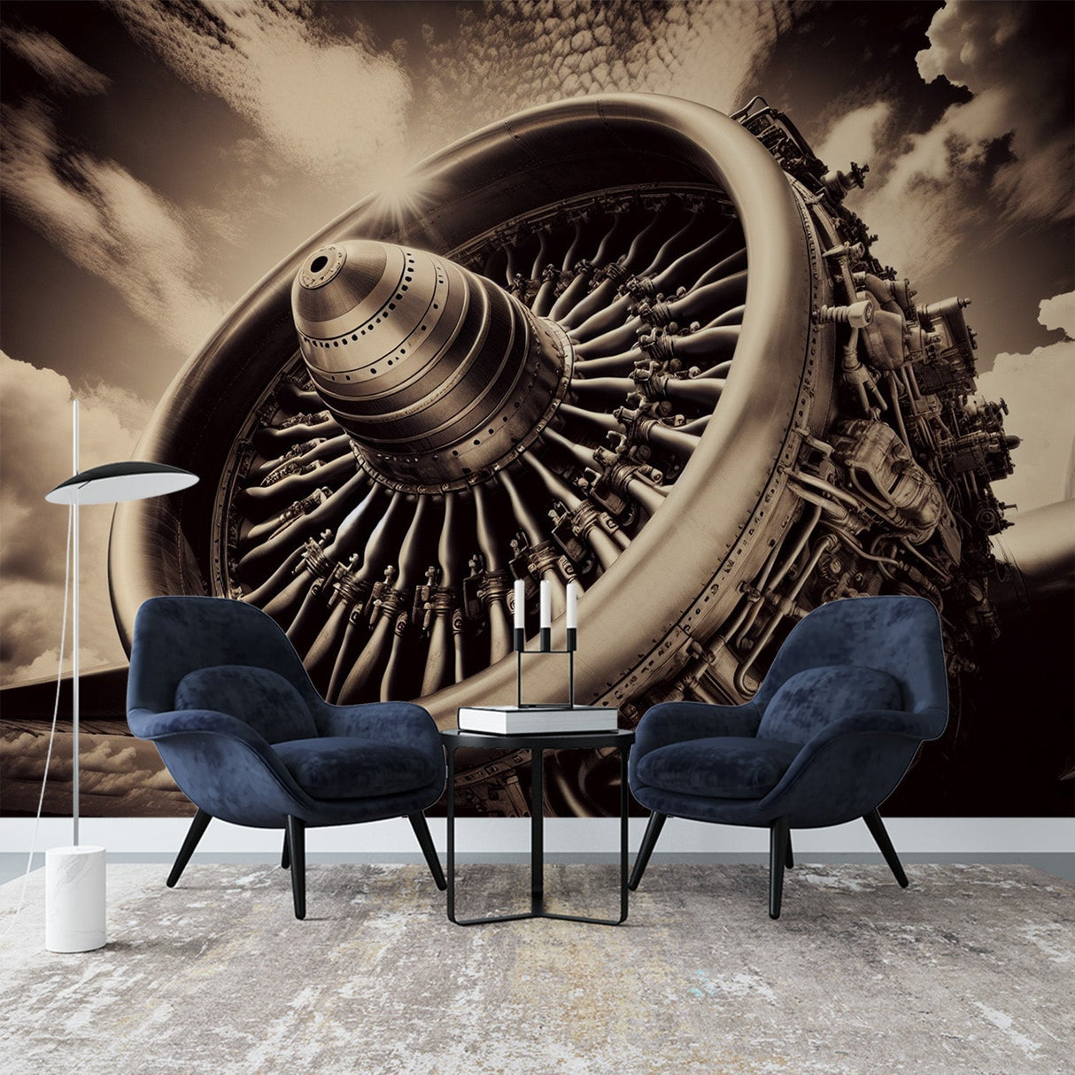 Aviation engine wallpaper creates industrial charm in a modern office space with sepia-toned mechanical detail