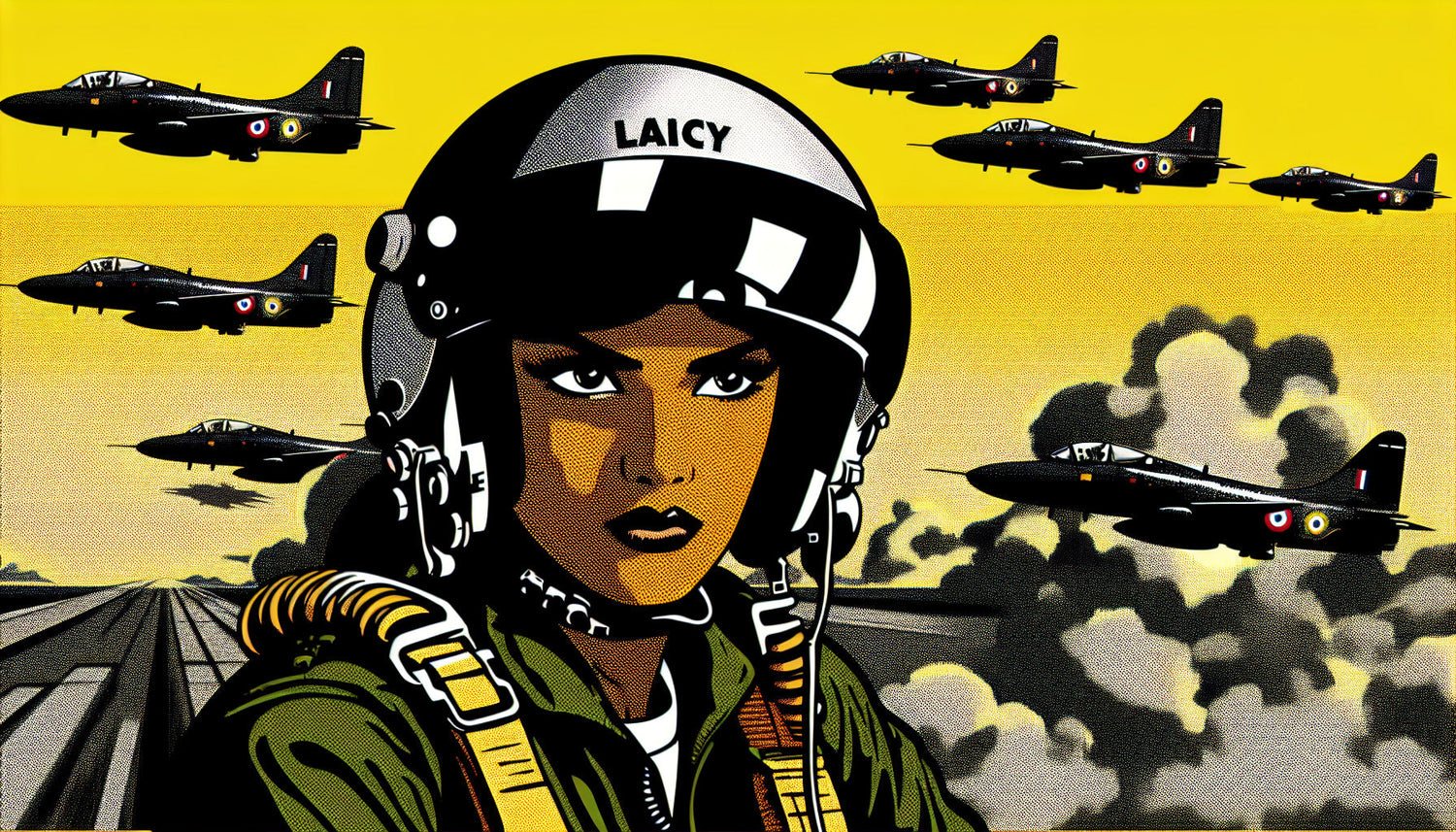 Aviation wall mural in modern home office showing pop art fighter pilot design creating bold focal point against white furniture