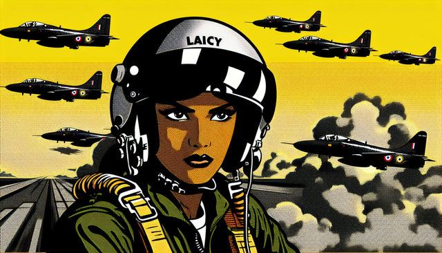 Aviation wall mural in modern home office showing pop art fighter pilot design creating bold focal point against white furniture
