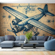 Aviation blueprint wallpaper creating a smart office atmosphere in a modern home workspace with natural lighting
