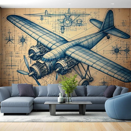 Aviation blueprint wallpaper creating a smart office atmosphere in a modern home workspace with natural lighting