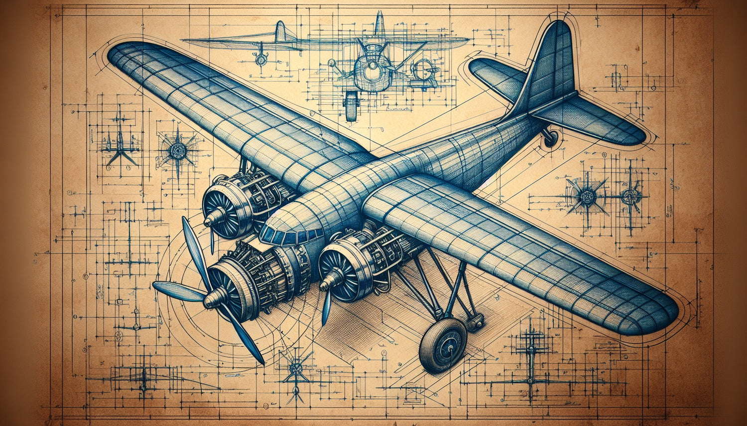 Aviation blueprint wallpaper design file showing detailed technical aircraft drawings on sepia background