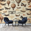 Vintage aviation wallpaper creating a cozy atmosphere in a modern home office, with sepia-toned aircraft and hot air balloons