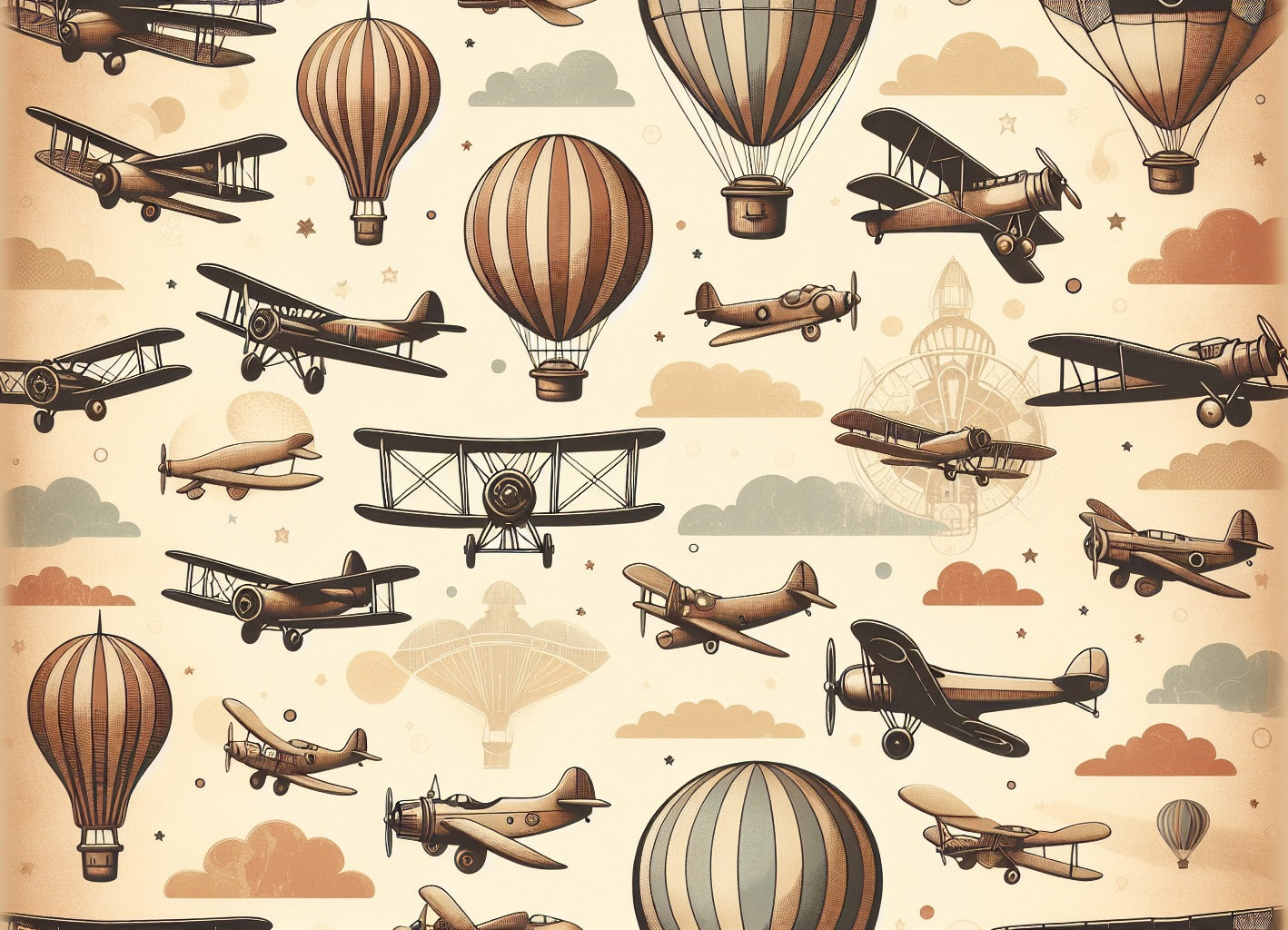 Vintage aviation wallpaper design file showing detailed hot air balloons and classic aircraft pattern