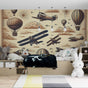 Vintage Aviation Wallpaper displayed in a cozy nursery, featuring sepia-toned planes and hot air balloons