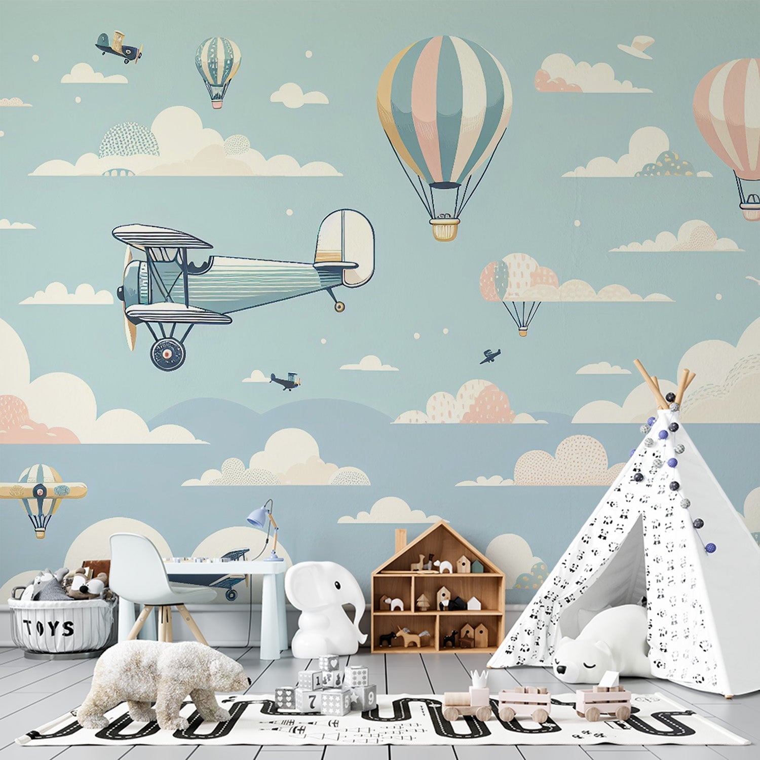 Aviation wallpaper with vintage planes and hot air balloons creating a dreamy atmosphere in a modern nursery