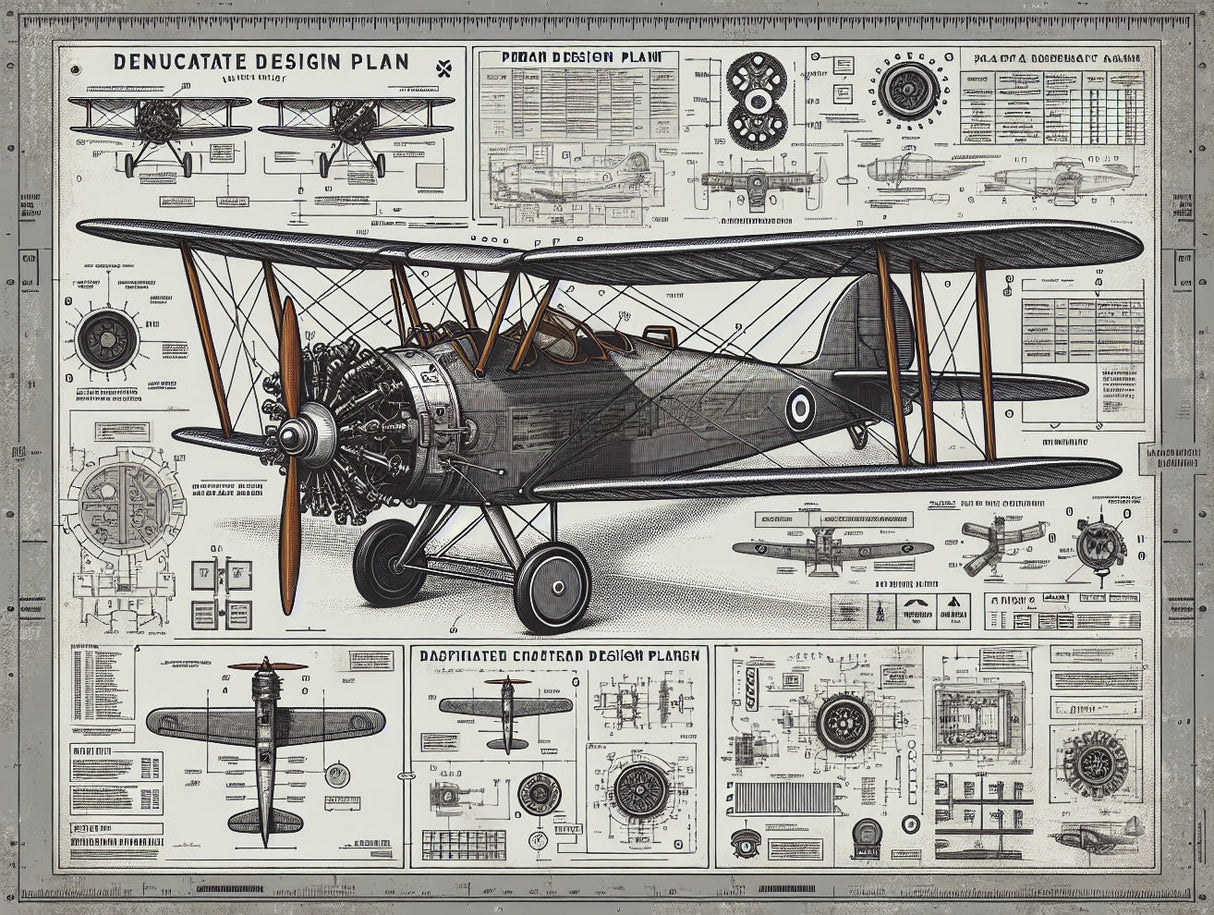 Aviation wallpaper design file showing detailed vintage airplane blueprint pattern and technical specifications