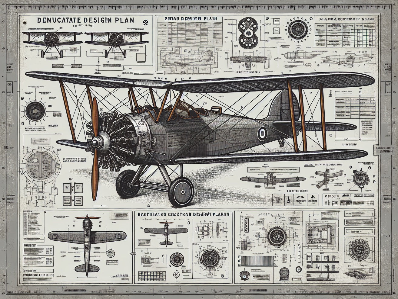 Aviation wallpaper design file showing detailed vintage airplane blueprint pattern and technical specifications