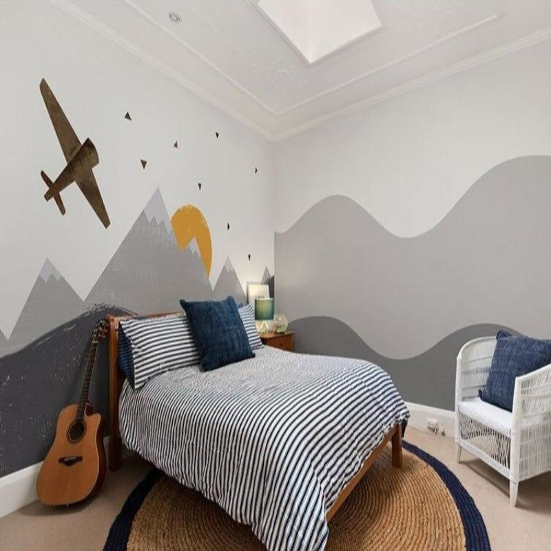 Mountain Mural Wallpaper | Airplane Adventure with Golden Sunset