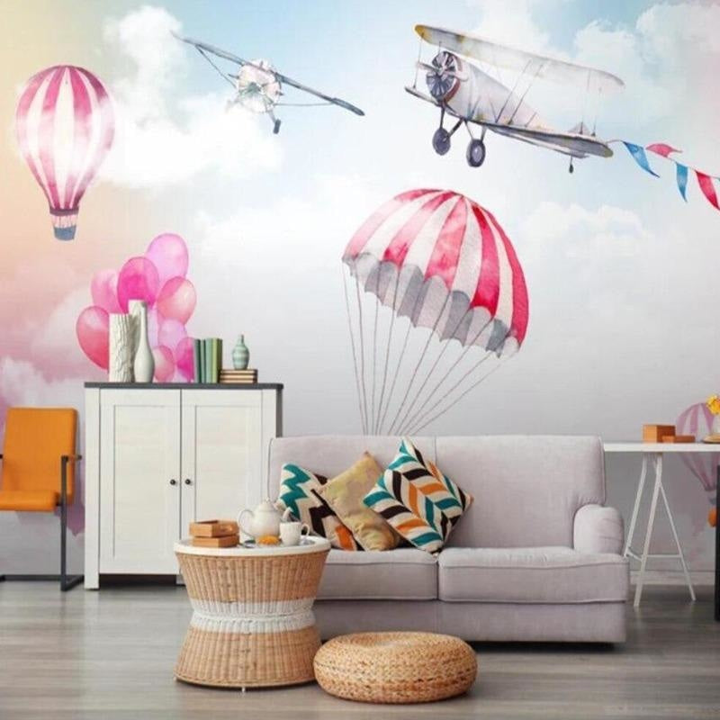 Aviation Mural Wallpaper | Pink Hot Air Balloons and Planes