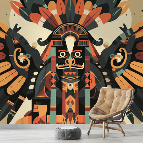 Aztec tribal wallpaper in modern living room showing geometric patterns and warm earth tones creating depth and character