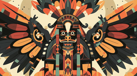 Aztec deity design file showing detailed geometric pattern and tribal mask artwork in terracotta and sage green