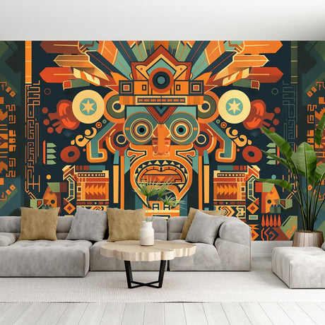 Aztec geometric tribal mask wallpaper creating a stunning focal point in a modern living room with orange and teal accents