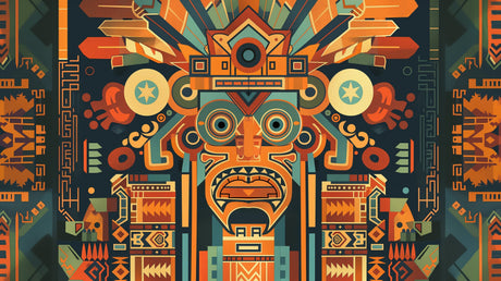 Aztec tribal mask design file showing intricate geometric pattern with rich orange and teal color scheme