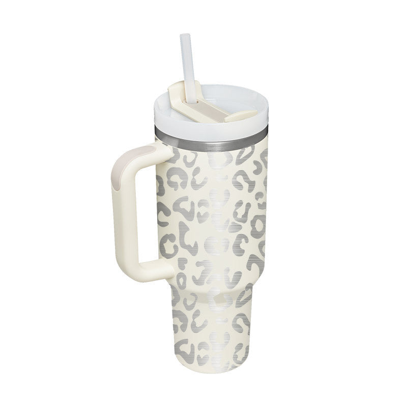 Insulated Travel Mug Leopard Print Design with Handle Straw - Product detail 29