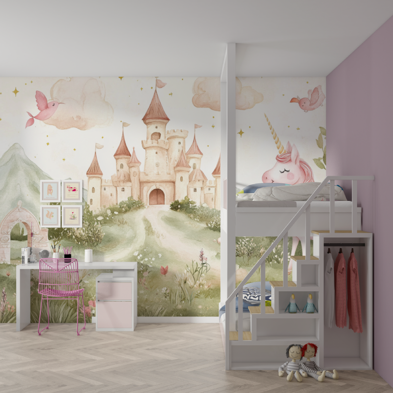 Princess Castle Mural Wallpaper | Magical Unicorn and Fairy Tale Design