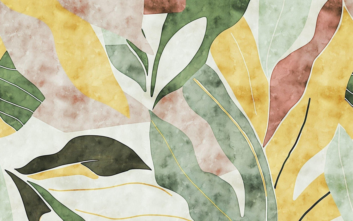 Papel Pintado Mural Tropical | Hojas Abstractas en Acuarela Amarillas y Verdes