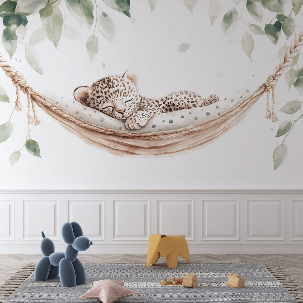 Baby Leopard wallpaper creates a peaceful nursery atmosphere with soft earth tones and gentle watercolor style