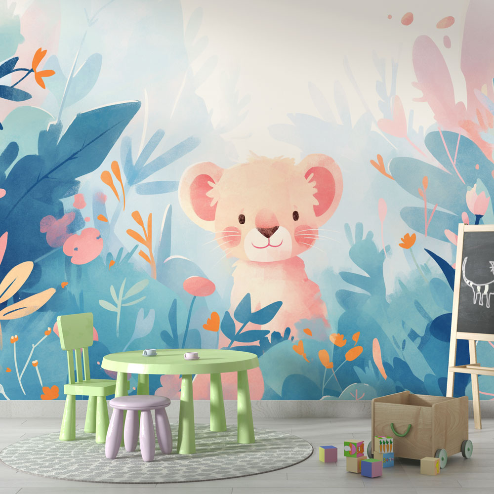 Baby lion wallpaper in a bright nursery with white furniture, showing the sweet watercolor design creating a peaceful atmosphere