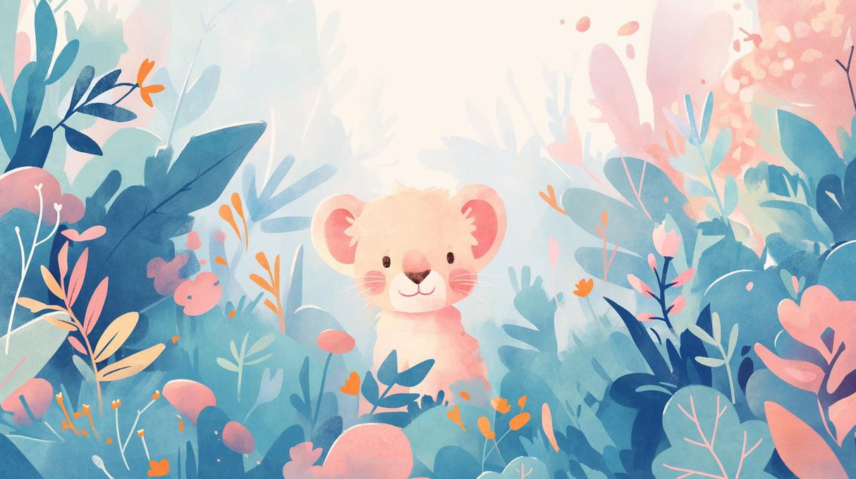 Baby lion wallpaper design file showing detailed watercolor jungle pattern with gentle cub and floral elements