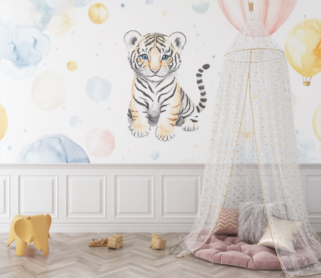 Watercolor tiger wallpaper creating a cozy reading nook in a kid's bedroom