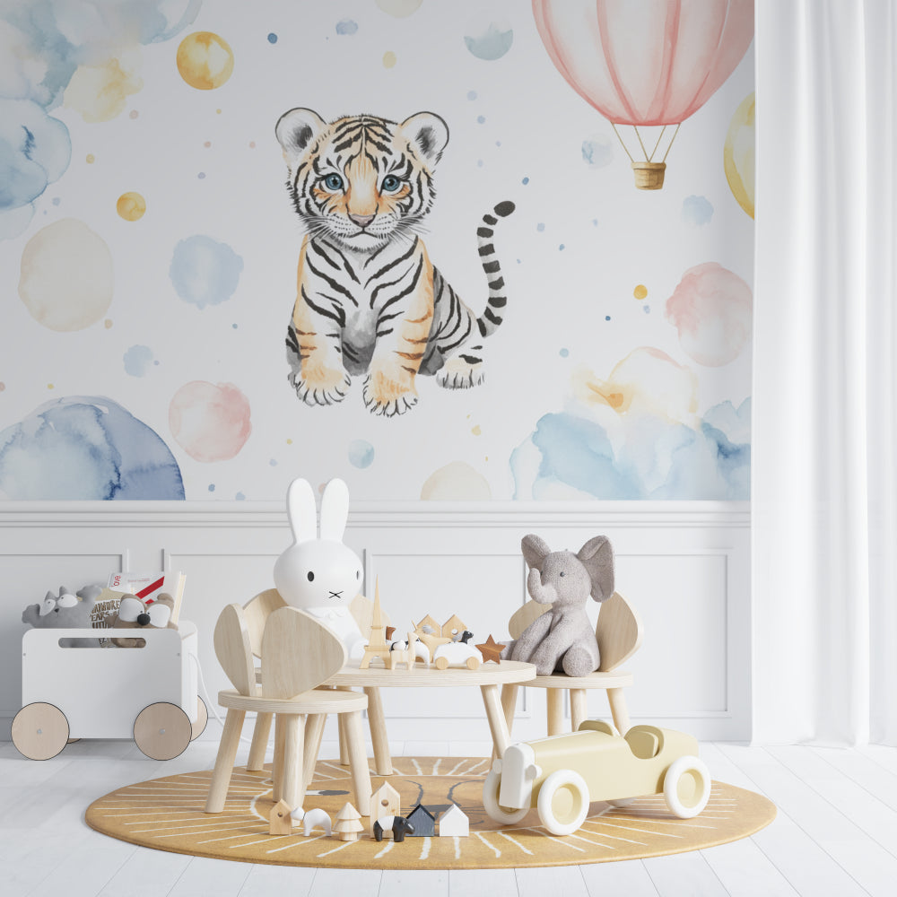 Baby tiger and balloon design wallpaper in a playroom setting with natural light