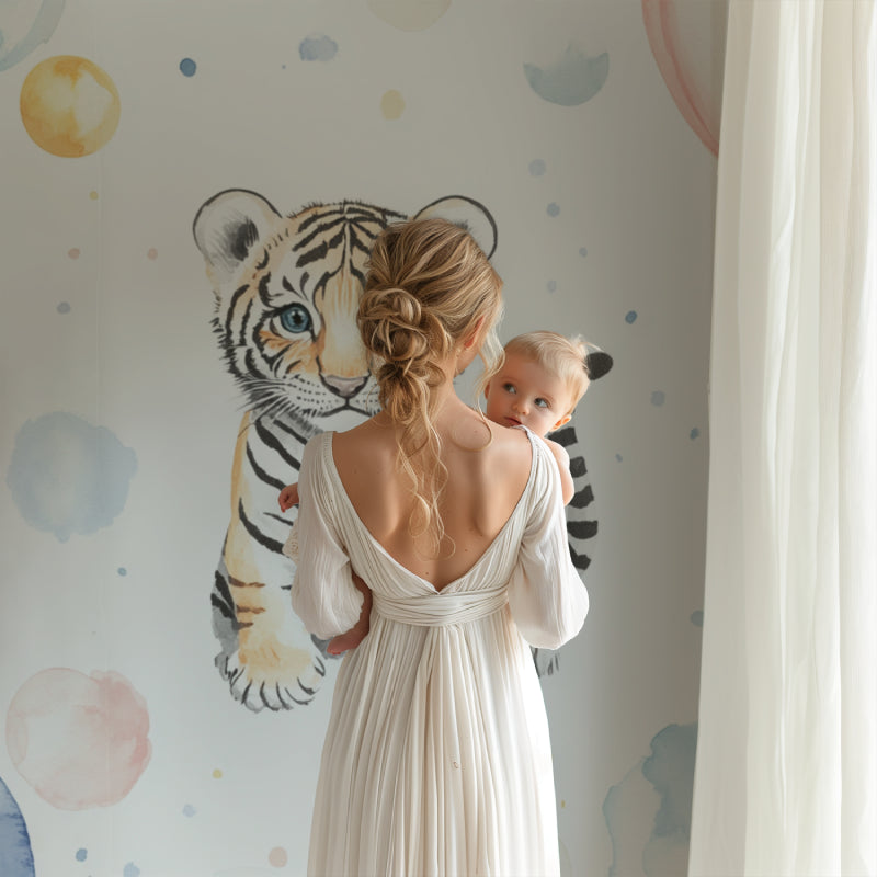 Tiger nursery wallpaper showcased in a modern baby room with minimal decor