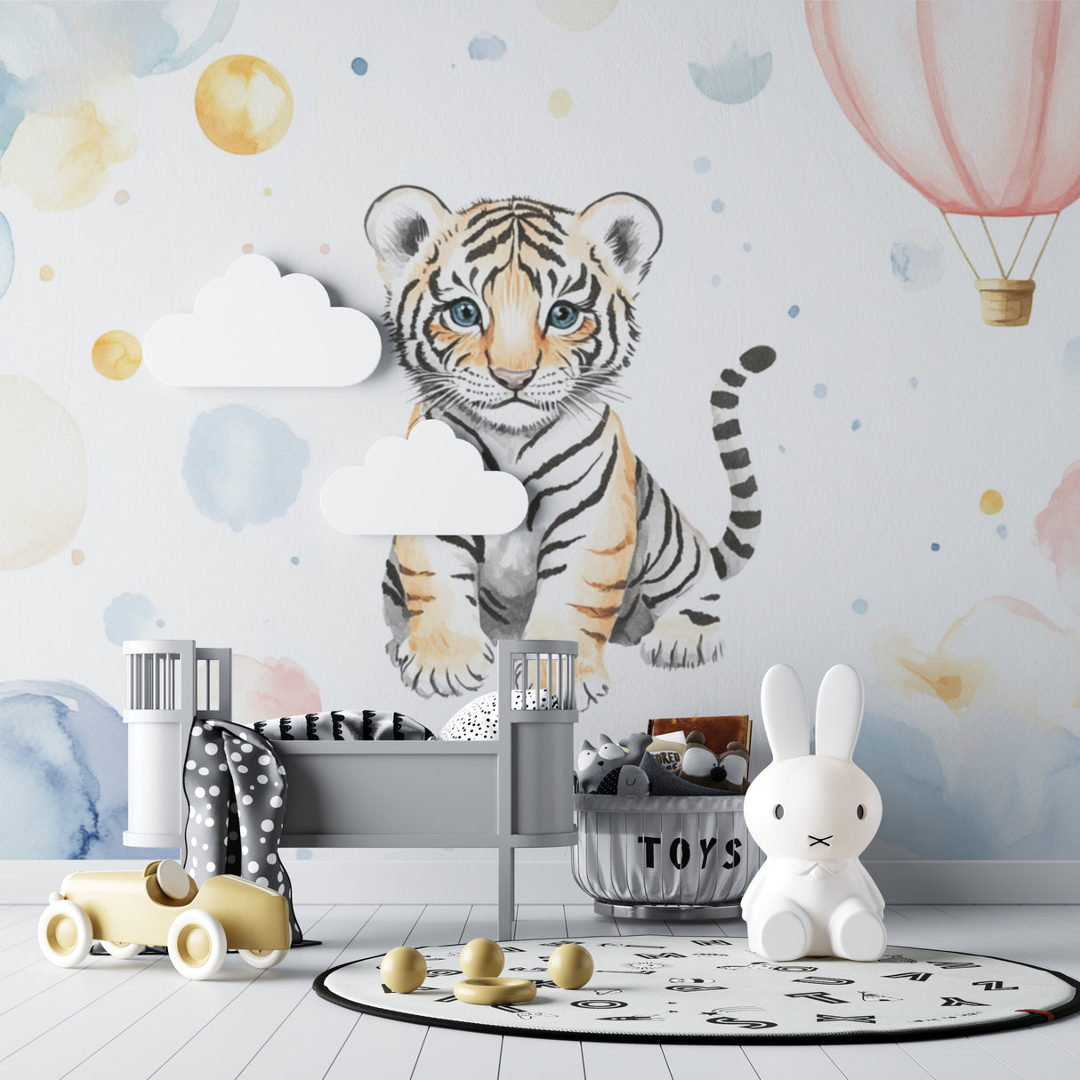 Hot air balloon wallpaper detail in a dreamy children's space with soft lighting