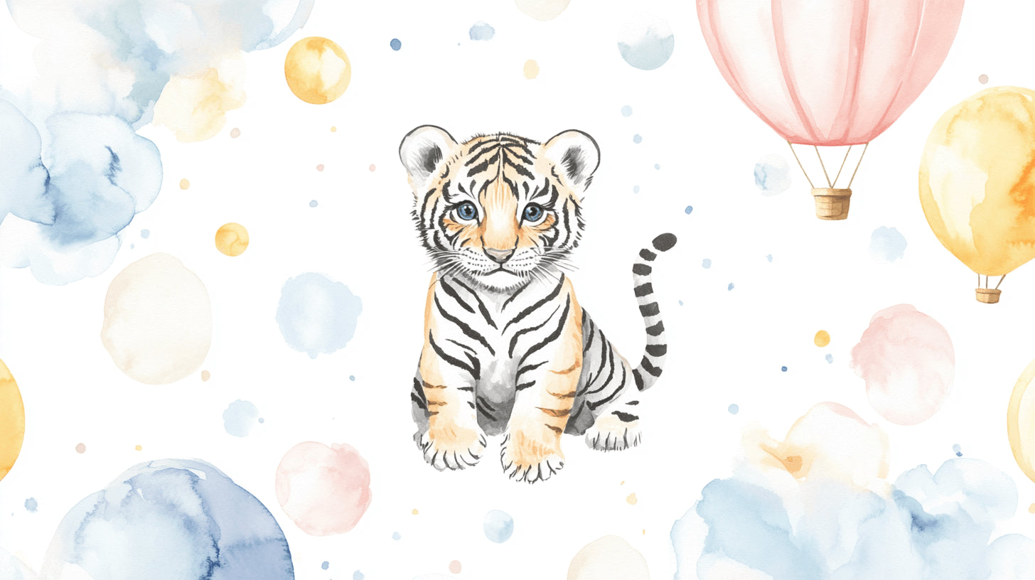 Baby tiger wallpaper design file showing full pattern with watercolor hot air balloons and cute tiger cub